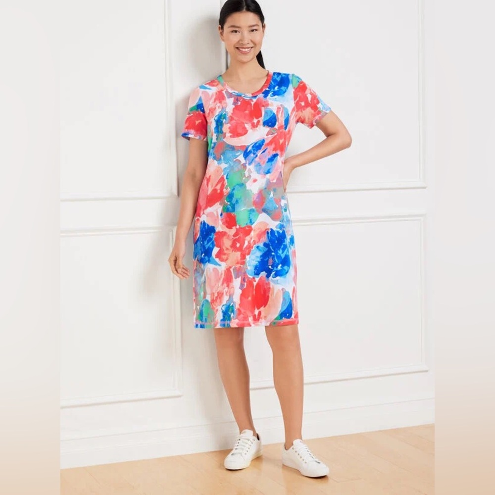 NWT Talbots French Terry T-shirt Dress Painted Flowers Size M Artistic Vibrant